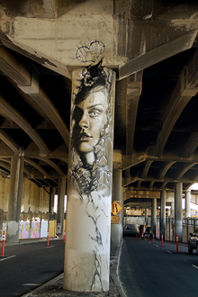 Photo of mural artwork painted under the I-70 viaduct during the 'duct-work Event (September 29, 2016).