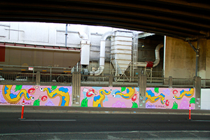 Photo of mural artwork painted under the I-70 viaduct during the 'duct-work Event (September 30, 2016).